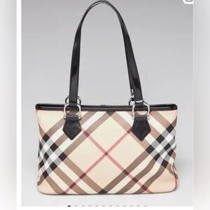 Burberry Black Patent Leather Supernova Check Coated Canvas Regent Tote Bag.